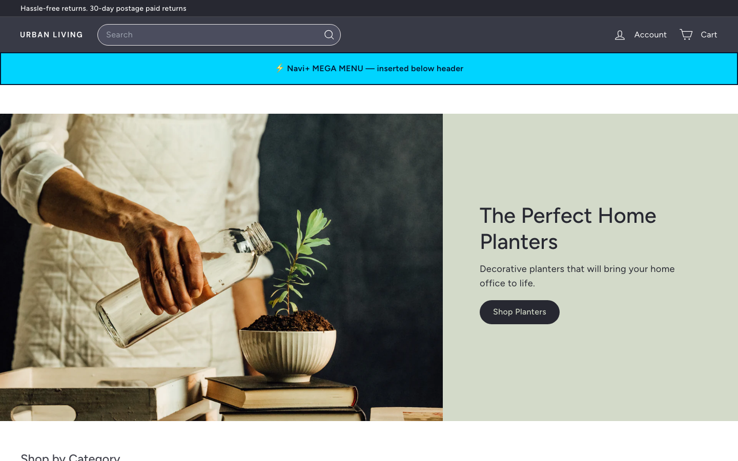 Menu inserted below header — Navi+ on the Expanse Shopify theme Menu inserted below header — Navi+ on the Expanse Shopify theme