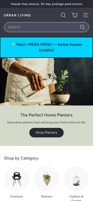 Menu inserted below header — Navi+ on the Expanse Shopify theme Menu inserted below header — Navi+ on the Expanse Shopify theme