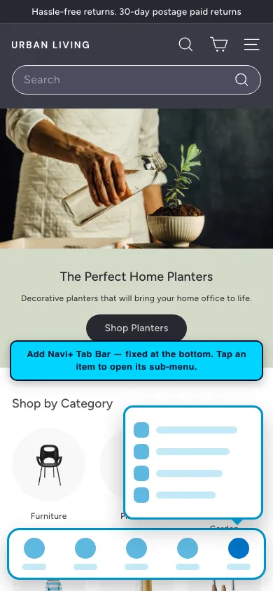 Navi+ Tab Bar on the Expanse Shopify theme Navi+ Tab Bar on the Expanse Shopify theme