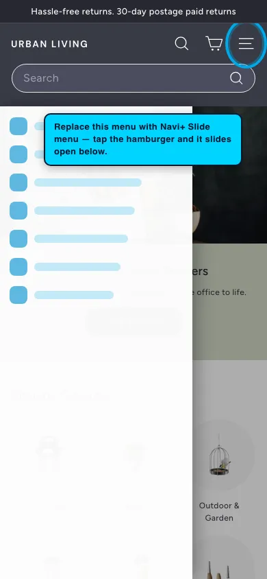 Navi+ Slide Menu on the Expanse Shopify theme Navi+ Slide Menu on the Expanse Shopify theme