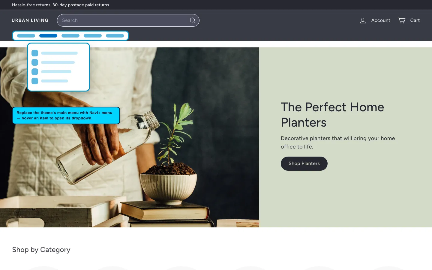 Navi+ Mega Menu replacing the desktop menu on the Expanse Shopify theme