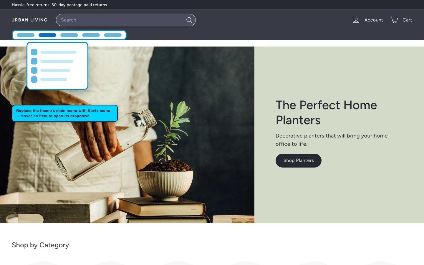 Navi+ Mega Menu replacing the desktop menu on the Expanse Shopify theme Navi+ Mega Menu replacing the desktop menu on the Expanse Shopify theme