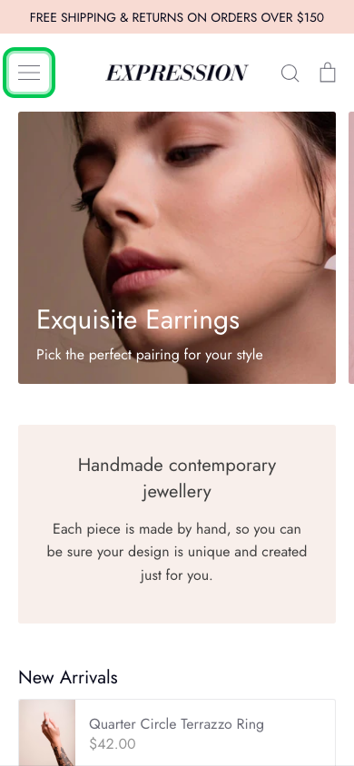 Hamburger → panel opened — Navi+ on the Expression Shopify theme