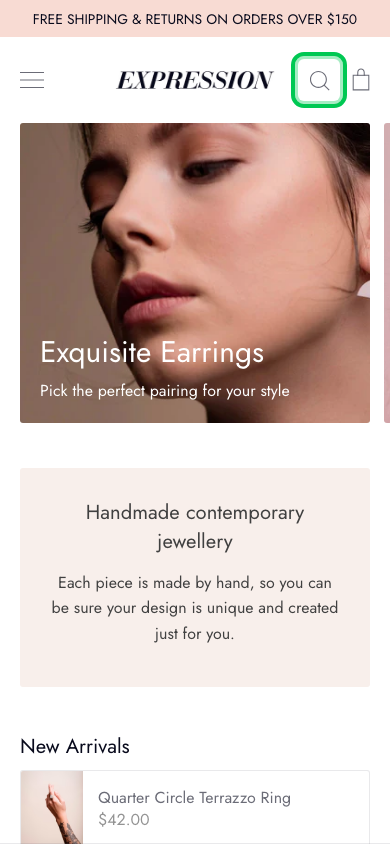 Search → panel opened — Navi+ on the Expression Shopify theme