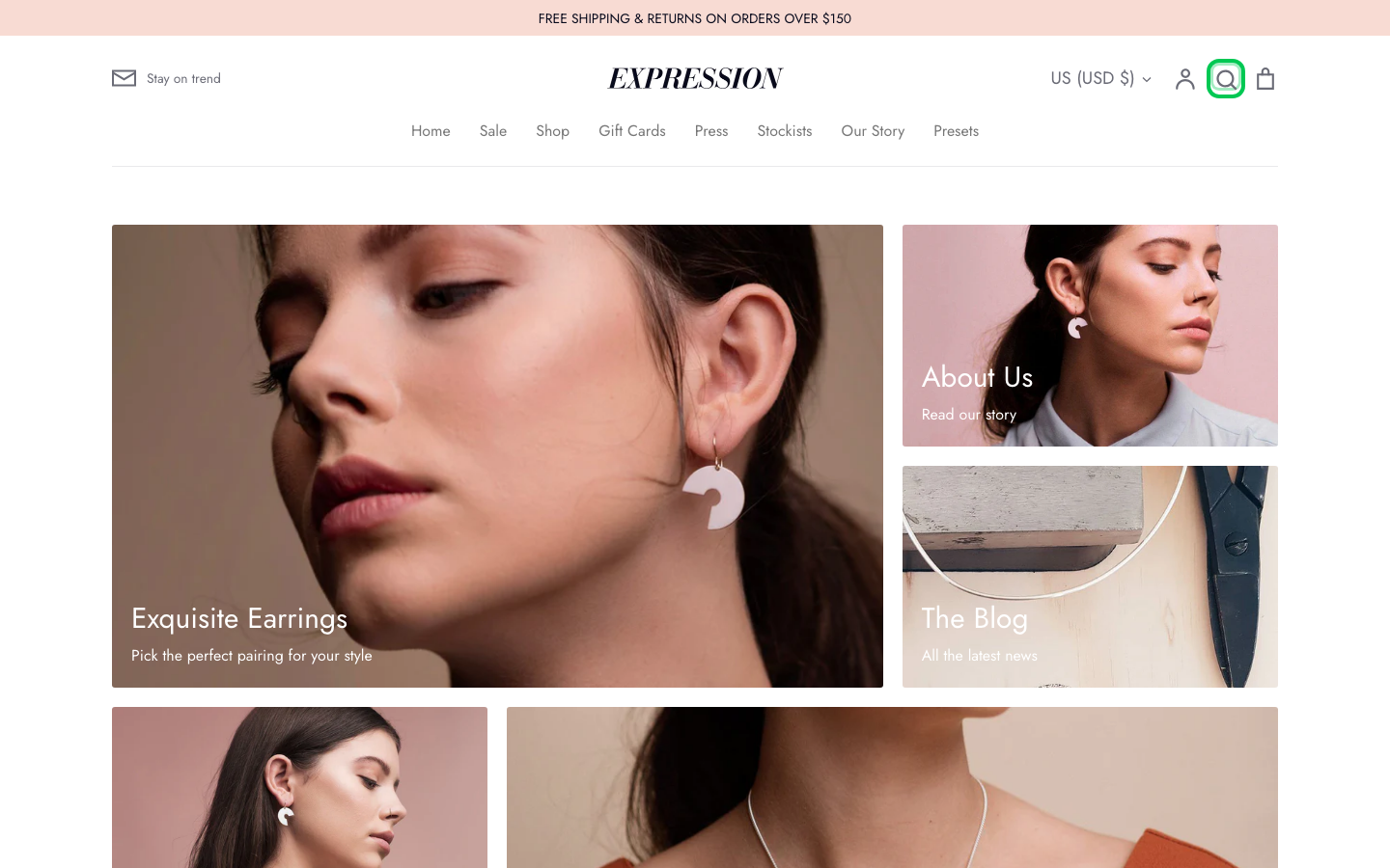 Search → panel opened — Navi+ on the Expression Shopify theme
