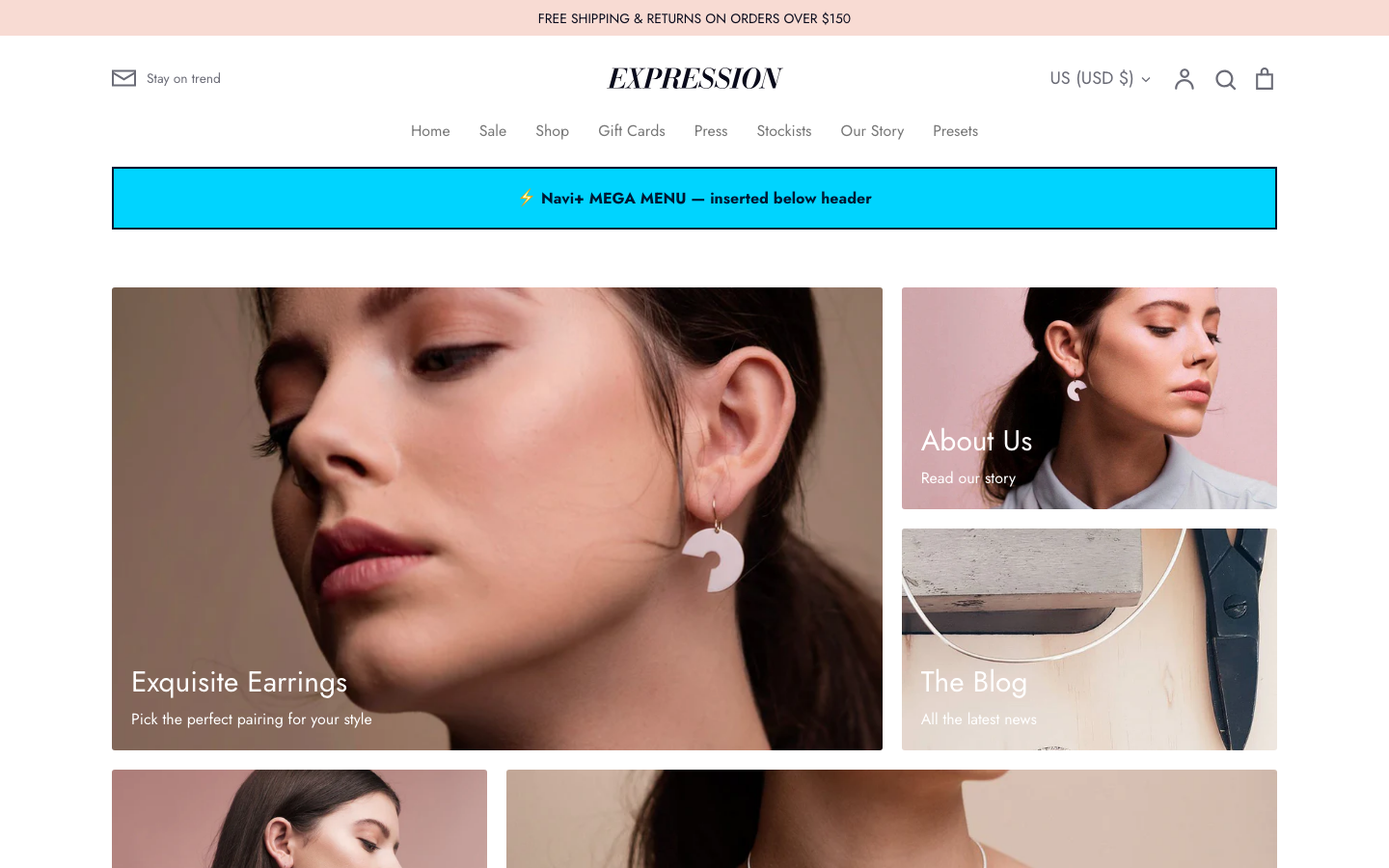 Menu inserted below header — Navi+ on the Expression Shopify theme