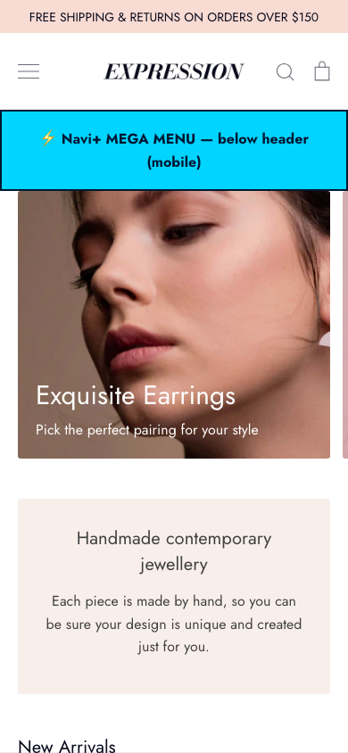 Menu inserted below header — Navi+ on the Expression Shopify theme