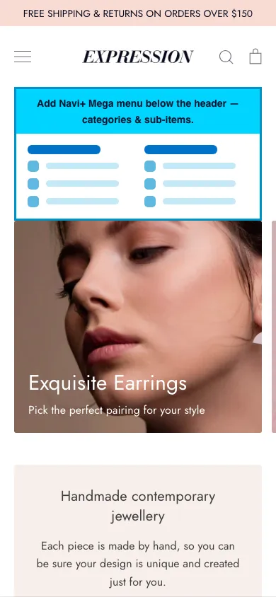 Navi+ mobile Mega Menu on the Expression Shopify theme Navi+ mobile Mega Menu on the Expression Shopify theme
