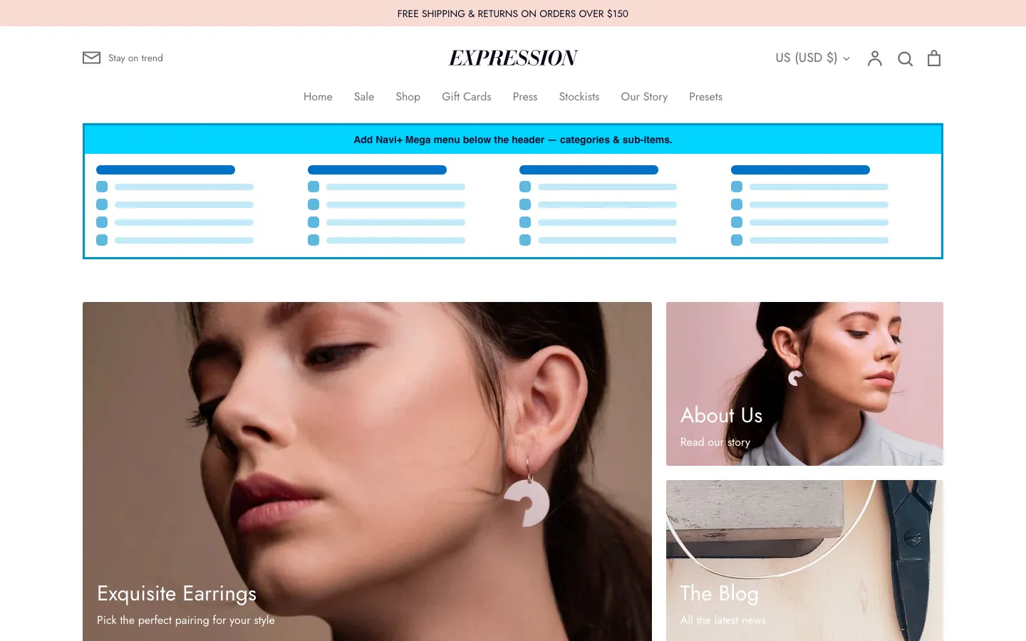 Navi+ Mega Menu inserted below the header on the Expression Shopify theme Navi+ Mega Menu inserted below the header on the Expression Shopify theme