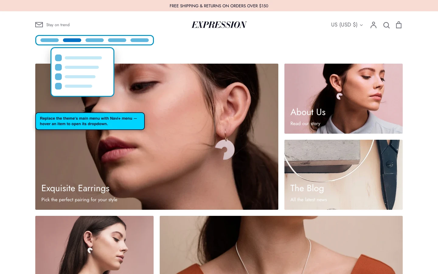 Navi+ Mega Menu replacing the desktop menu on the Expression Shopify theme Navi+ Mega Menu replacing the desktop menu on the Expression Shopify theme