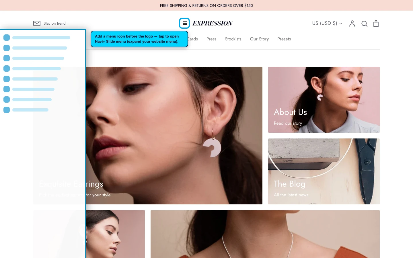 Navi+ trigger icon before the logo on the Expression Shopify theme Navi+ trigger icon before the logo on the Expression Shopify theme