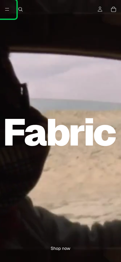 Hamburger → panel opened — Navi+ on the Fabric Shopify theme