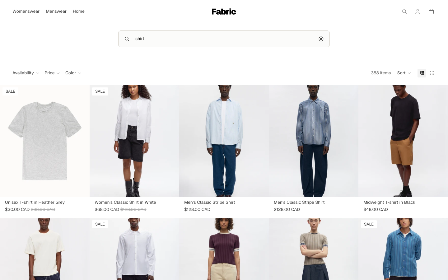 Search → panel opened — Navi+ on the Fabric Shopify theme