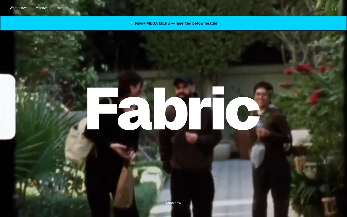 Menu inserted below header — Navi+ on the Fabric Shopify theme