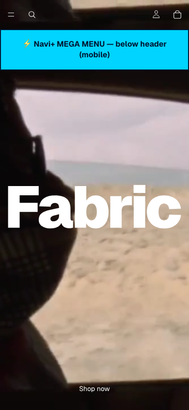 Menu inserted below header — Navi+ on the Fabric Shopify theme