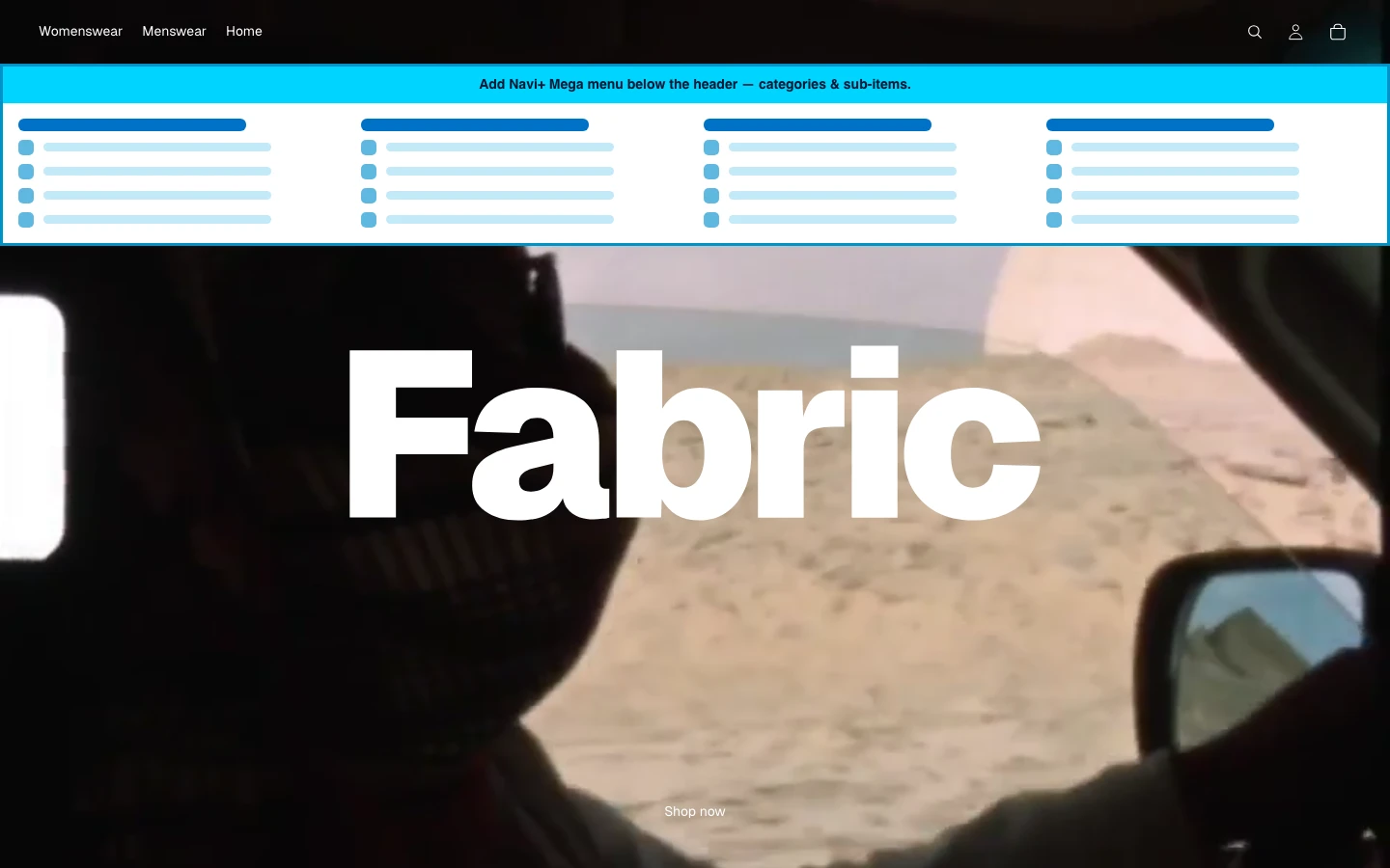Navi+ Mega Menu inserted below the header on the Fabric Shopify theme