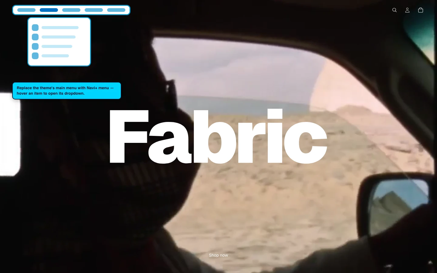 Navi+ Mega Menu replacing the desktop menu on the Fabric Shopify theme