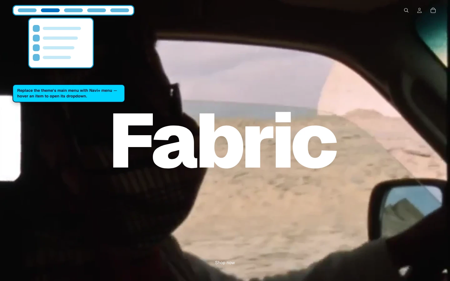 Navi+ Mega Menu replacing the desktop menu on the Fabric Shopify theme Navi+ Mega Menu replacing the desktop menu on the Fabric Shopify theme