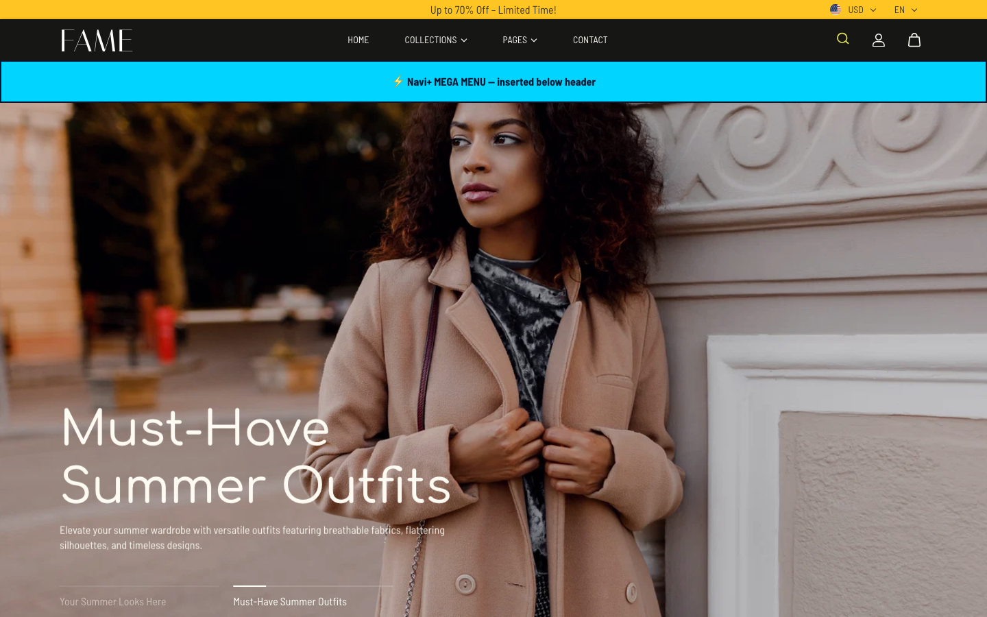Menu inserted below header — Navi+ on the Fame Shopify theme Menu inserted below header — Navi+ on the Fame Shopify theme