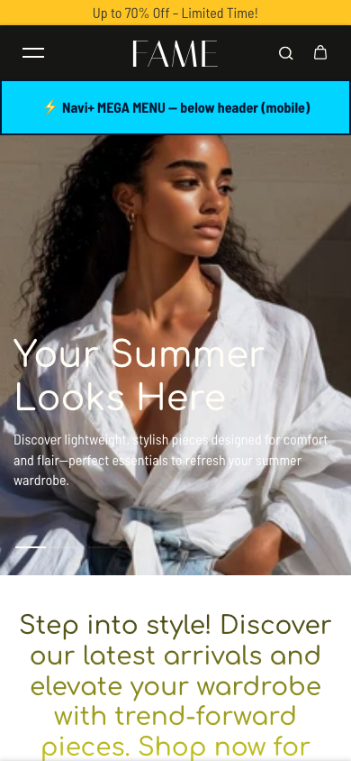 Menu inserted below header — Navi+ on the Fame Shopify theme Menu inserted below header — Navi+ on the Fame Shopify theme