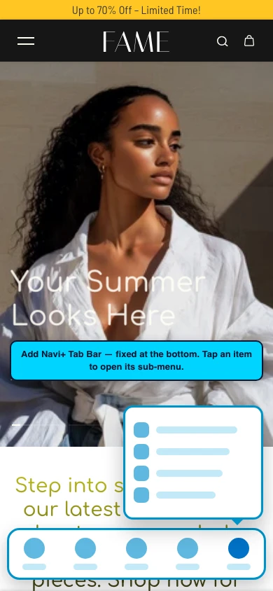 Navi+ Tab Bar on the Fame Shopify theme Navi+ Tab Bar on the Fame Shopify theme