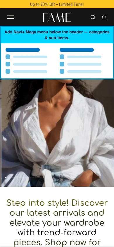 Navi+ mobile Mega Menu on the Fame Shopify theme Navi+ mobile Mega Menu on the Fame Shopify theme