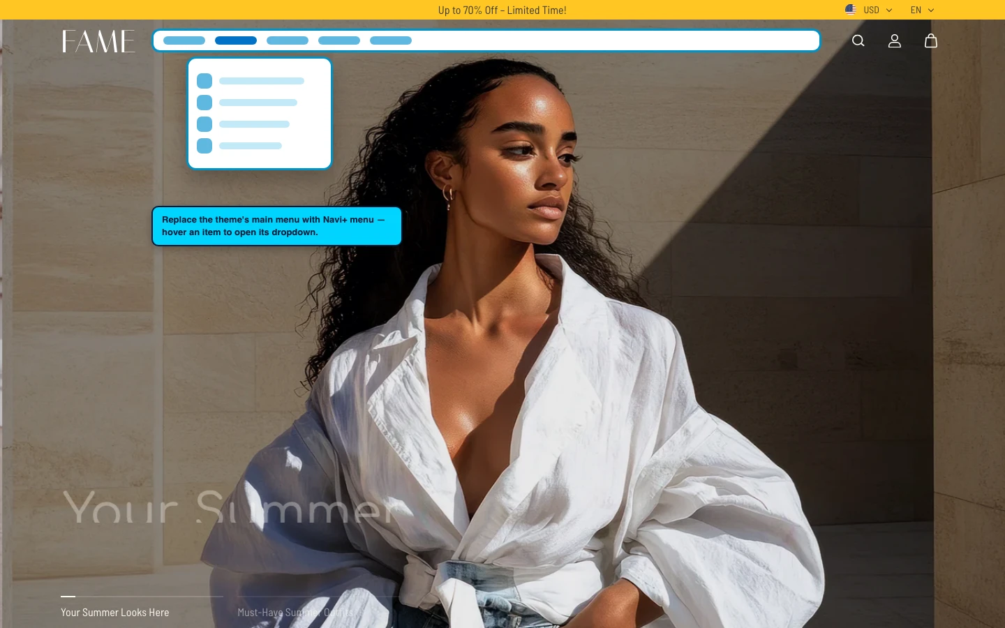 Navi+ Mega Menu replacing the desktop menu on the Fame Shopify theme Navi+ Mega Menu replacing the desktop menu on the Fame Shopify theme
