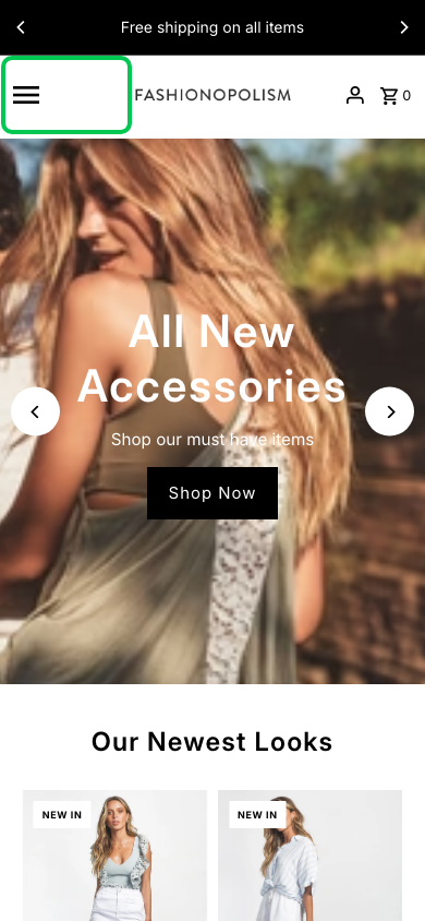 Hamburger → panel opened — Navi+ on the Fashionopolism Shopify theme