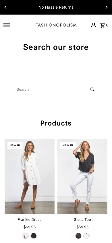 Search → panel opened — Navi+ on the Fashionopolism Shopify theme