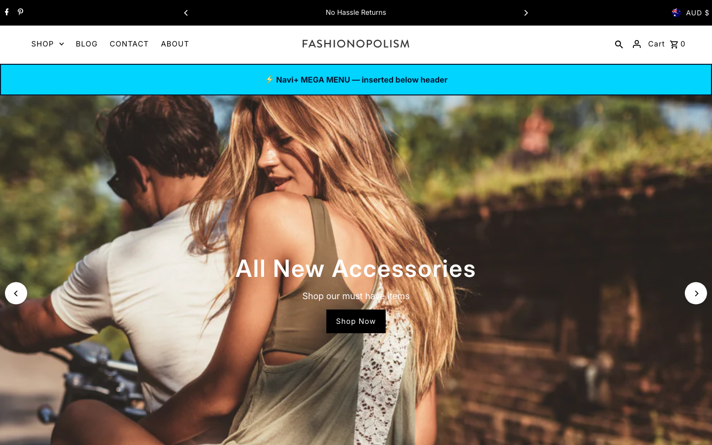 Menu inserted below header — Navi+ on the Fashionopolism Shopify theme