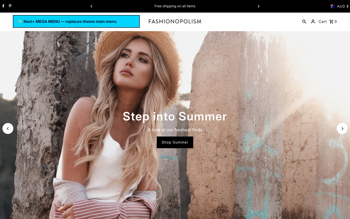 Replace main menu — Navi+ on the Fashionopolism Shopify theme