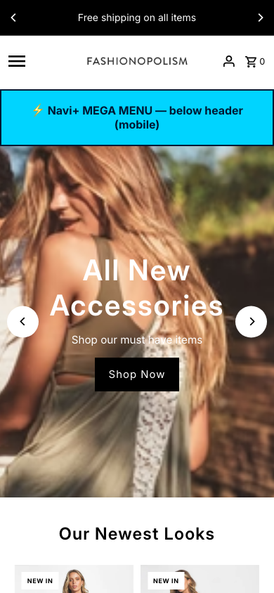 Menu inserted below header — Navi+ on the Fashionopolism Shopify theme