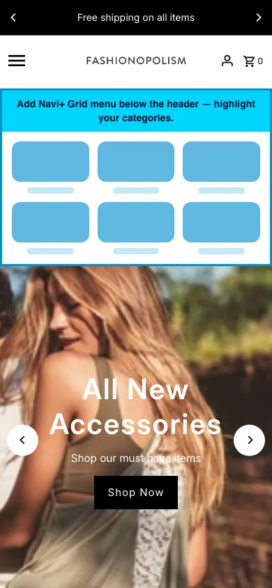 Navi+ Grid Menu on the Fashionopolism Shopify theme Navi+ Grid Menu on the Fashionopolism Shopify theme