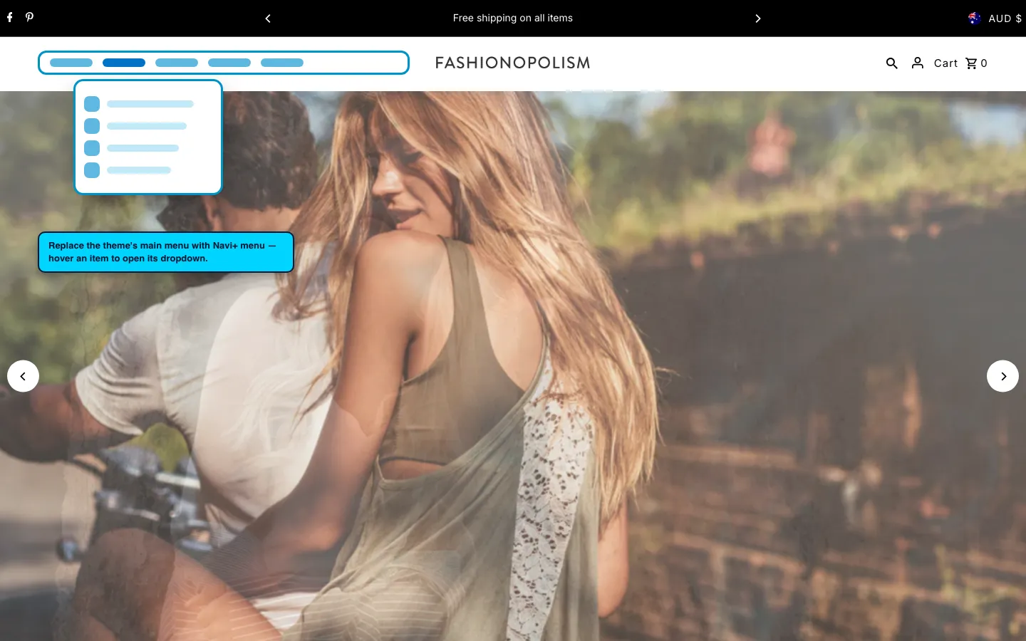 Navi+ Mega Menu replacing the desktop menu on the Fashionopolism Shopify theme