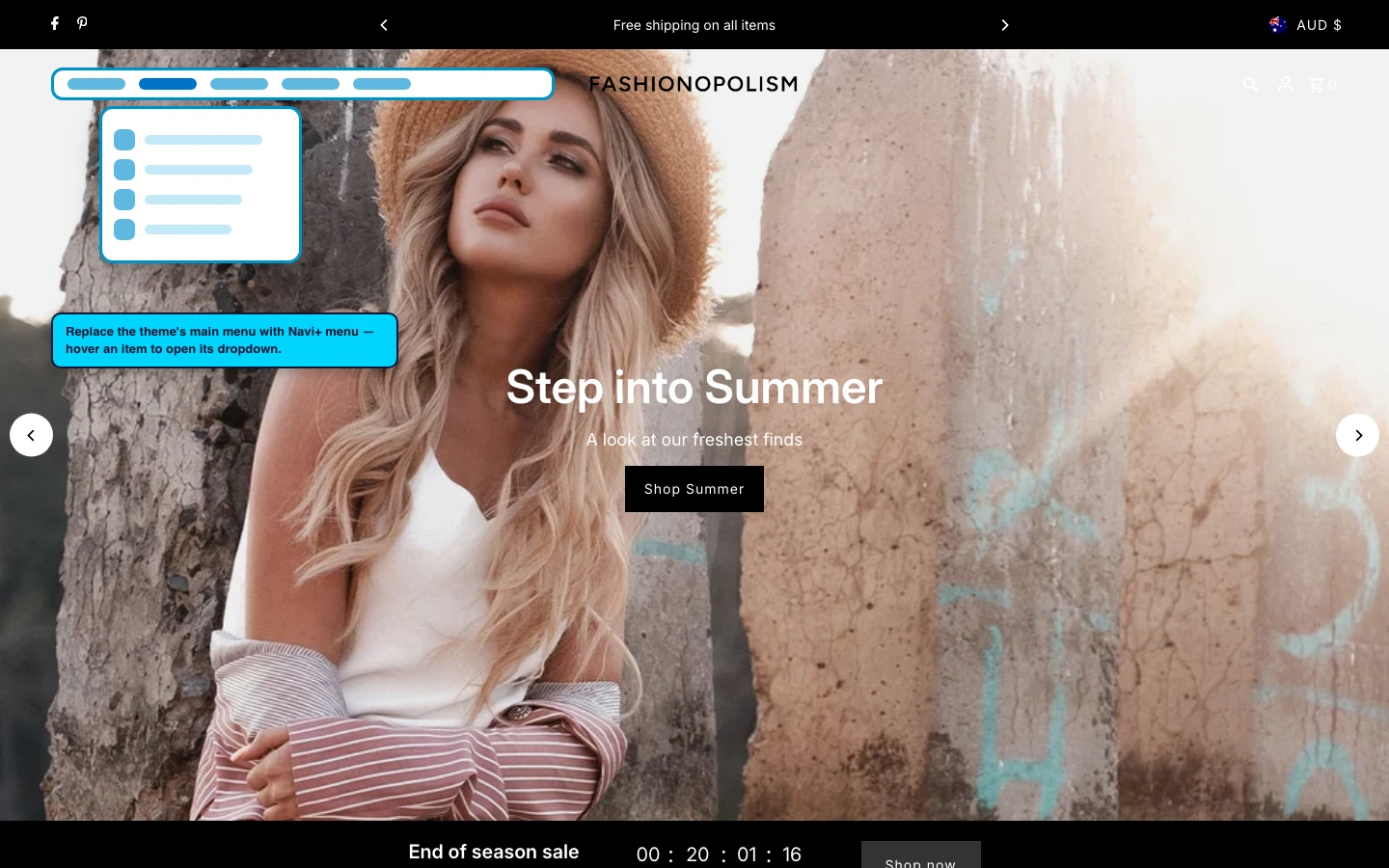 Navi+ Mega Menu replacing the desktop menu on the Fashionopolism Shopify theme Navi+ Mega Menu replacing the desktop menu on the Fashionopolism Shopify theme
