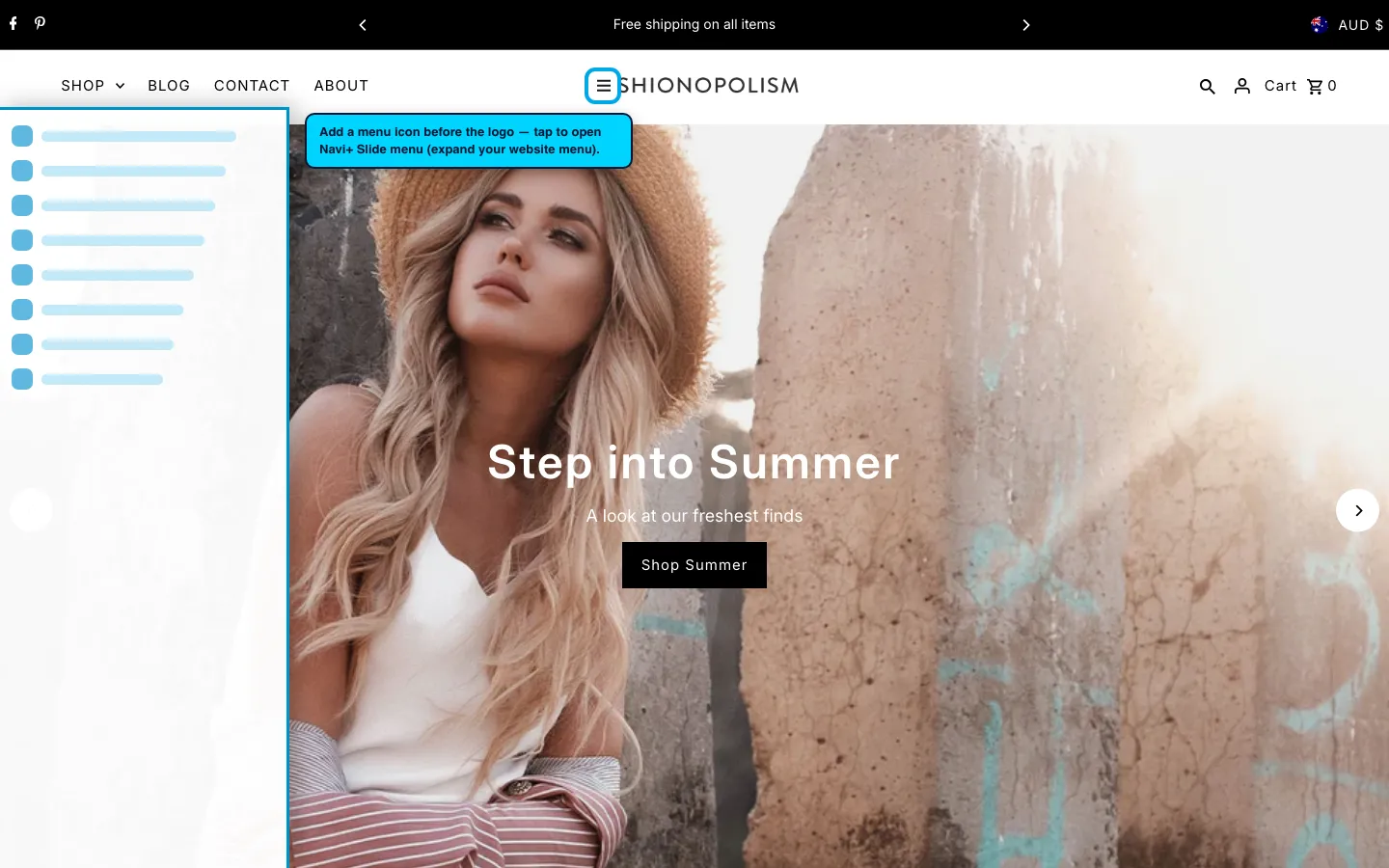 Navi+ trigger icon before the logo on the Fashionopolism Shopify theme Navi+ trigger icon before the logo on the Fashionopolism Shopify theme