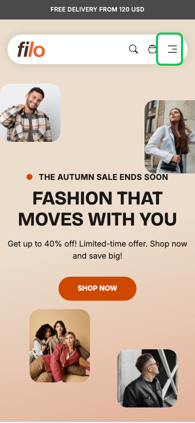 Hamburger → panel opened — Navi+ on the Filo Shopify theme