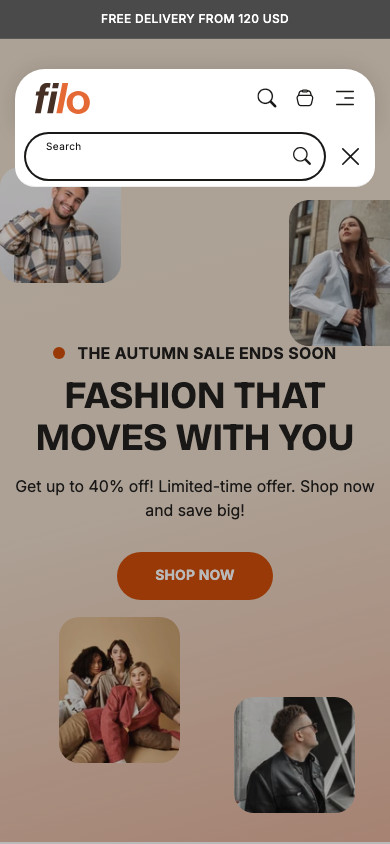 Search → panel opened — Navi+ on the Filo Shopify theme