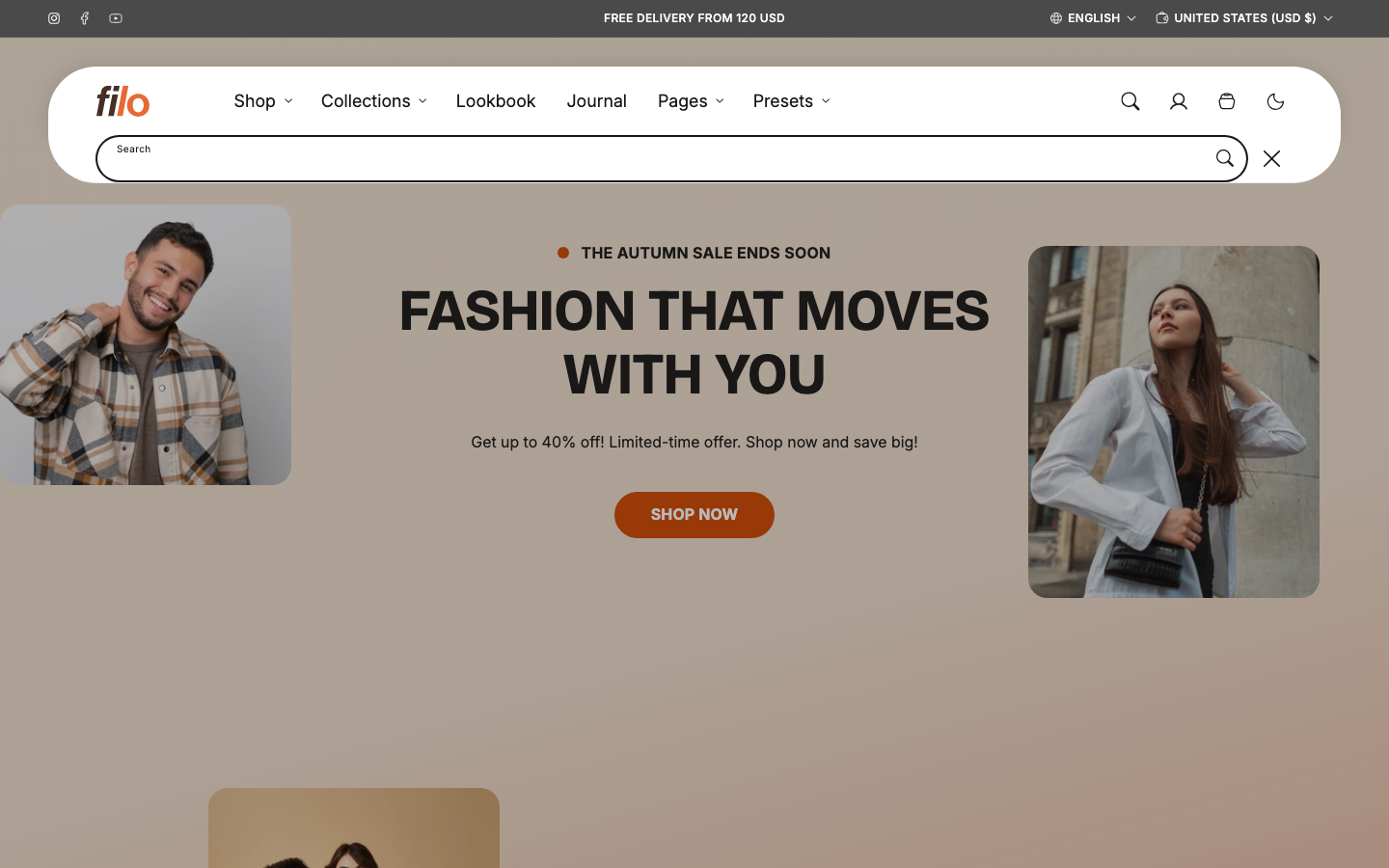 Search → panel opened — Navi+ on the Filo Shopify theme