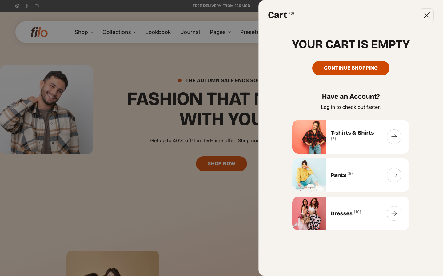 Cart → panel opened — Navi+ on the Filo Shopify theme