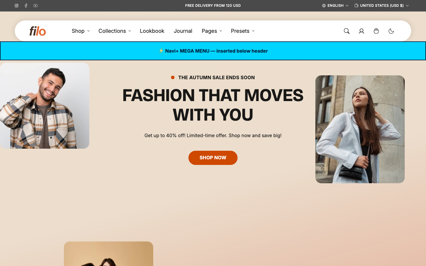 Menu inserted below header — Navi+ on the Filo Shopify theme