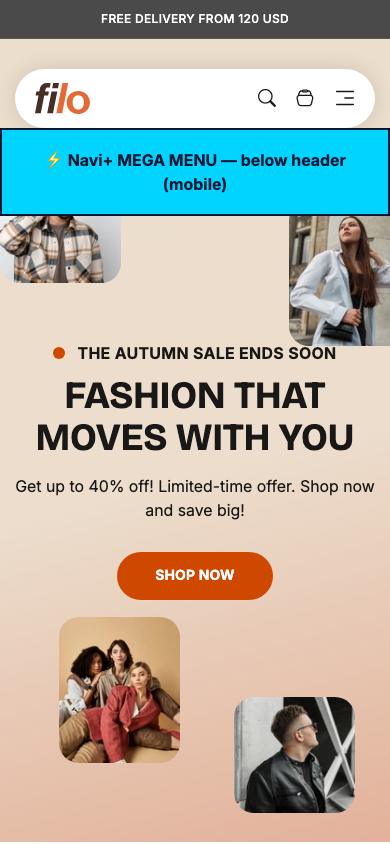 Menu inserted below header — Navi+ on the Filo Shopify theme