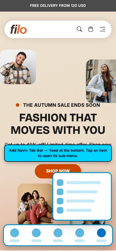 Navi+ Tab Bar on the Filo Shopify theme