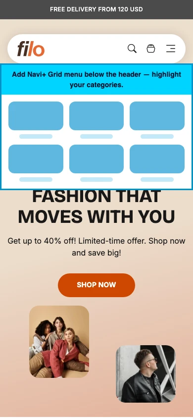 Navi+ Grid Menu on the Filo Shopify theme