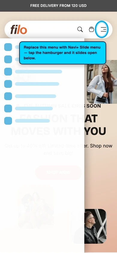 Navi+ Slide Menu on the Filo Shopify theme