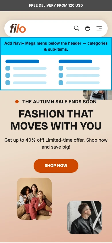 Navi+ mobile Mega Menu on the Filo Shopify theme