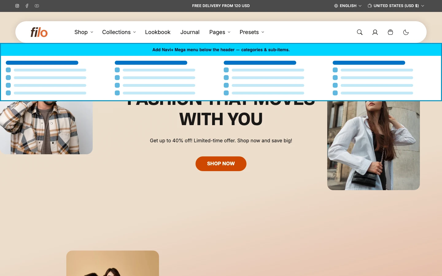 Navi+ Mega Menu inserted below the header on the Filo Shopify theme