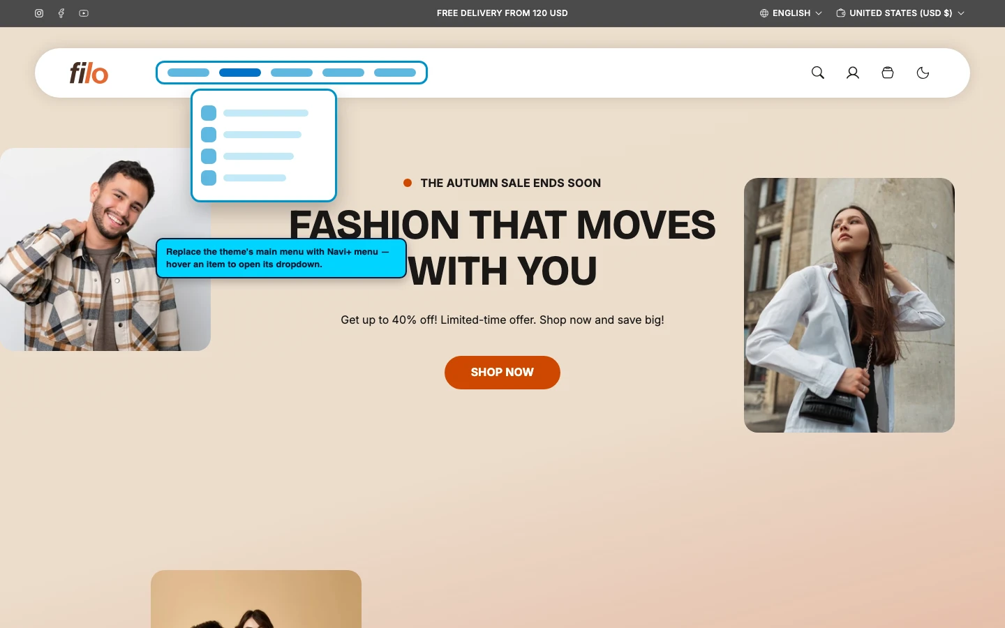 Navi+ Mega Menu replacing the desktop menu on the Filo Shopify theme