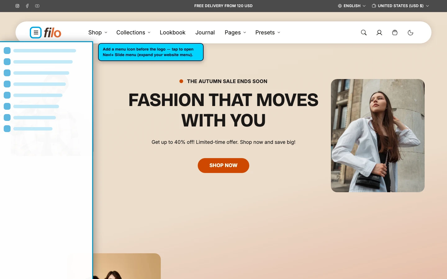 Navi+ trigger icon before the logo on the Filo Shopify theme