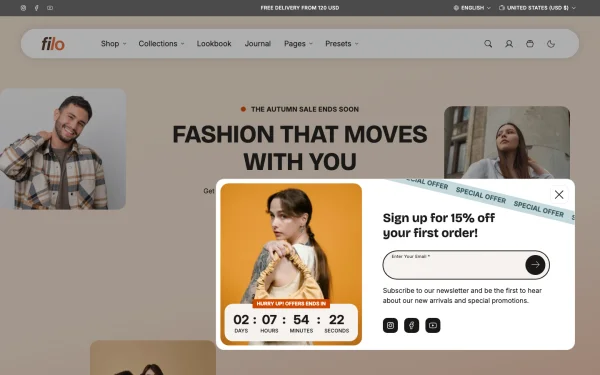 Full-page desktop screenshot of Shopify Filo theme demo store